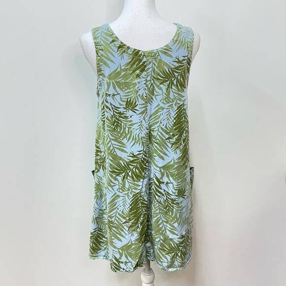 CLICK by CMC Sz M Green Blue Leaf Botanical Print Scoop Neck A-Line Short Dress - Picture 7 of 8